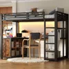 Hochbett mit Schreibtisch, Kleiderstange, Regal, Lattenrost, offenem Schrank, Leiter, Rausfallschutz und LED-Streifen, 140x200 cm, Mettallbett Bild 3