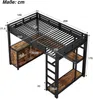 Hochbett mit Schreibtisch, Kleiderstange, Regal, Lattenrost, offenem Schrank, Leiter, Rausfallschutz und LED-Streifen, 140x200 cm, Mettallbett Bild 4