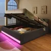 Futonbett mit LED-Beleuchtung, Aufbewahrung und Mehrfachsteckdose, 140x200 cm, Doppelbett ohne Kopfteil, Leinen Bild 2