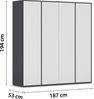 rauch Kleiderschrank Nabila, Drehtürenschrank, Garderobenschrank, 4-türig, mit 1 Kleiderstange und 5 Einlegeböden, Farbe Weiß/Grau metallic, Schwarz, mit Push-to-Open Funktion, 187x194x53cm Bild 4