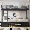 Etagenbett mit Trittleiter, Lattenrost, Schuhregal, Schrank, 2 Liegeflächen und Rausfallschutz, 90x200 cm, Metallbett, Kinderbett Bild 2