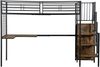 Hochbett 90×200 cm mit Rausfallschutz, Treppe, Tisch und Kleiderschrank, Schwarz/Dunkelholz, ohne Matratze Bild 4