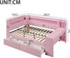 Gepolstertes 140x200 Daybed mit USB-Anschlüssen und LED-Gürtel, mit Schreibtisch und 2 Schubladen, Rosa Bild 5