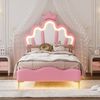 Merax Einzelbett, Polsterbett 90*200cm, Kinderbett kronenförmiges Prinzessinnenbett, weiche Polsterung aus PU-Leder, verstellbarer LED-Umgebungslichtstreifen, Rosa Bild 3