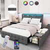 oyajia Polsterbett LED Doppelbett 140x200cm mit Ladefunktion und 2 Schubladen Polsterbett, Einzelbett Bettgestell mit Kopfteil und Lattenrost, Leinen Polsterbett Bild 5