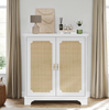 Sideboard 80 x 38 x 86 cm mit Rattantüren – Aufbewahrungsschrank in Weiß mit verstellbarem Einlegeboden Bild 3