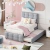 Polsterbett, ausziehbares Kinderbett, verstellbares Kopfteil, hautfreundliche Leinenpolsterung, flaches Einzelbett Kinderbett Jugendbett Gästebett (Grau), Leinenpolsterung, Grau, 90 x 200 cm Bild 2