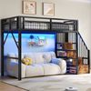 Odikalo Hochbett 90x200 140x200 Kinderbett Jugendbett, LED Schreibtisch Stauraumtreppe (Eisenrahmen, Lagerregal, Hängendes Gitter, LED-Lichtleiste, Schreibtisch, Treppenkonstruktionen mit Stauraum,mit 2 USB-Anschlüssen und 1 Typ-C-Buchse, Ohne Matratze) Bild 3