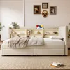 Stauraumbett mit Schubladen, Lattenrost, Regal, USB und Type-C Anschluss, 90x200 cm, Einzelbett, Polsterbett, Leinen Bild 2