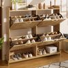 Merax 108cm Schuhschrank mit Türen aus Holzleisten – Flurschrank mit 4 Türen, Metallrahmen und Ablage – Platzsparender Schuh-Organizer, Holzfarbe Bild 2