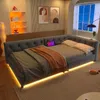 Schlafsofa mit LED-Beleuchtung, Lattenrost und Mehrfachsteckdose, 90x200 cm, Einzelbett, Polsterbett, Leinen Bild 2