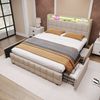Polsterbett mit LED, USB-Anschluss & 4 Schubladen, 140x200 cm, Beige, mit Matratze Bild 2