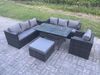 Fimous 8 Sitzer Outdoor Gartenmöbel Set Terrassen Rattan Rechteckiger Esstisch Sessel mit Großer Fußhocker Dunkelgrau gemischt Bild 2
