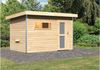 Karibu Saunahaus Skrollan Gartensauna 2 Sitzbänke aus Holz Sauna mit 38 mm Wandstärke Außensauna mit Montagematerial Bild 2