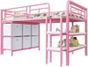 Kinderhochbett 90x200 cm mit Stauraum – niedriges Metallbett mit breiten Stufen in Weiß/Rosa Bild 5