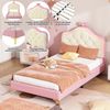 Polsterbett, Einzelbett, Wellenform mit Zugpunkt am Kopfende des Bettes, rosa Schleife, mit mehrfarbigen, wechselnden LED-Streifen, Kinderbett mit Holzlatten, Einzelbett, PU, rosa Bettrahmen, 90x200cm Bild 5