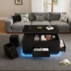 Merax Couchtisch 4-in-1 höhenverstellbarer Sofatisch mit LED, kaffeetisch mit 2 Schubladen, Hochglanztisch mit Sofa und 2 Hockern, Beistelltisch mit verstecktem Stauraum, Schwarz Bild 2