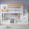 Etagenbett 90x200 cm mit Treppenschrank, Regalen und 2 Schubladen – Kinderbett aus Kiefer und MDF in Weiß/Natur Bild 2