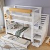 Etagenbett 90x200 cm mit Treppenschrank, Regalen und 2 Schubladen – Kinderbett aus Kiefer und MDF in Weiß/Natur Bild 3