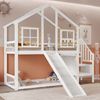 Etagenbett, Holzbett mit Treppe und Gitter, mit Rutsche und Fenster, Blockhaus Kinderbett mit Absturzsicherung, Bettrahmen aus Massivholz, Weiß(90x200 cm) Bild 3