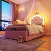 Polsterbett 90x200 cm aus PU mit Stauraum und LED-Umgebungslicht – Kronprinzessinnen-Design, rosa Bild 5