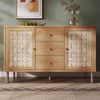 Flieks Kommode Sideboard mit 3 Schubladen und 2 gewebte Türen in Landhausstil (120x40x75 cm, 1 St, Schrank für Wohnzimmer, Flur, Esszimmer, Schlafzimmer), Mehrzweckschrank mit höhenverstellbare Einlegeböden Eicheholzfarbe Bild 2