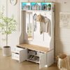 Garderobenschrank mit LED-Fach, Spiegel & Sitzbank, 120x40x187 cm, Weiß/Holzfarbe Bild 2