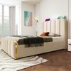 Polsterbett 90×200 cm aus Leinen-Stoff mit vier Schubladen und Matratze, beige Bild 3