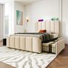 Polsterbett 90×200 cm aus Leinen-Stoff mit vier Schubladen und Matratze, beige Bild 2