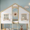 Kinder Etagenbett 90x200 mit Dach & Fenstern - Spielhausbett mit Schrägleiter, Sicherheitsgeländer, Weiß+Natur Bild 4