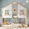 Kinder Etagenbett 90x200 mit Dach & Fenstern - Spielhausbett mit Schrägleiter, Sicherheitsgeländer, Weiß+Natur Bild 2