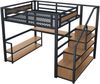 Merax 140*200 Metall-Hochbett mit Aufbewahrungsleiter mit Regalen und Tisch, Sicherheitszaun-Design mit gespleißten Metallplanken, Hohes Eisenrahmenbett mit Metallrahmen, Schwarz Bild 5
