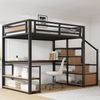 Merax 140*200 Metall-Hochbett mit Aufbewahrungsleiter mit Regalen und Tisch, Sicherheitszaun-Design mit gespleißten Metallplanken, Hohes Eisenrahmenbett mit Metallrahmen, Schwarz Bild 3