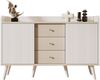 Sideboard 117.5 x 39.5 x 79 cm, 2 gestreifte Schiebetüren & 3 Schubladen, Weiß und Holzoptik, MDF mit Massivholzbeinen Bild 2