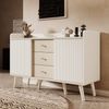 Sideboard 117.5 x 39.5 x 79 cm, 2 gestreifte Schiebetüren & 3 Schubladen, Weiß und Holzoptik, MDF mit Massivholzbeinen Bild 3