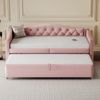 Merax Polsterbett Ausziehbares Schlafsofa, 90*200 cm, Mit USB-Anschluss, Klassische Form mit Knöpfen mit Lattenrost, Multifunktionsbett - Gästebett, Leinenstoff, Rosa Bild 2
