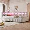 Polsterbett, Ausziehbares Schlafsofa, LED-Beleuchtung, Geräumiges Kopfteil, Rückenlehne, Klassisches Streifenmuster, USB-Ladeanschluss, Ausziehbares Bett, Samtstoff, Beige, 90 x 200 cm Bild 3