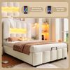 Merax Polsterbett, 90 x 200 cm, Einzelbett, Jugendbett, ohne Matratze, LED-Beleuchtung, mit Hydraulikvorrichtung, verstellbares Kopfteil, Samt, beige Bild 2