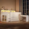 Hochbett mit Schreibtisch, Stauraum, LED-Streifen, Lattenrost, Regalen, Schubladen, Rausfallschutz, USB und Leiter, 90x200 cm, Kinderbett, Kiefer Bild 3