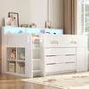 Hochbett mit Schreibtisch, Stauraum, LED-Streifen, Lattenrost, Regalen, Schubladen, Rausfallschutz, USB und Leiter, 90x200 cm, Kinderbett, Kiefer Bild 4