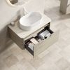 Badezimmer-Waschtisch, Schwebend Weißes Ovales Waschbecken Travertin-Sintersteinplatte gebogene Kanten Sperrholzschrank mit Schublade vormontiert, Sperrholz+Stein, Eiche creme Holzmaserung, 80 cm Bild 2