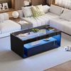 LED Couchtisch Schwarz 100×50×40 cm, Hochglanz Wohnzimmertisch mit Glasplatte, 2 Schubladen, Beleuchtung 16 Farben Bild 4