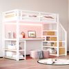 90*200 Metall-Hochbett,mit LED-Lichtleiste und Steckdose,mit Aufbewahrungsleiter,Regalen und Tisch, Sicherheitszaun-Design , Hohes Eisenrahmenbett mit Metallrahmen für stabile Unterstützung,Weiß Bild 4