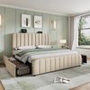 Polsterbett, Leinen mit USB-Anschluss & 4 Schubladen, 140x200 cm, Beige, mit Matratze Bild 3