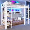 Hochbett mit Regal, LED-Beleuchtung, Kleiderstange, Wandgitter, Leiter, Rausfallschutz, 90x200cm, Kinderbett, Metallbett Bild 3