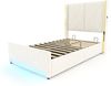 LVHOM Polsterbett mit Stauraum, Einzelbett mit LED, USB-Anschlüsse und Seitentaschen, Funktionbett, 90x200 cm, Beige Bild 2