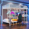 Merax Hochbett, Kinderbett, 140 x 200cm, Eisenrahmen, Schubladen, Ablagen für Gegenstände, Gitter zum Aufhängen von Gegenständen, Schreibtisch, Mit 7-farbiger LED-Leiste, USB-Anschluss, ohne Matratze, Weiß Bild 3