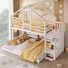 Merax Etagenbett 90x200/140x200 cm im Hausdesign (Jugendbett Doppelbett, 1-St), Massivholz Stockbett Kinderbett mit Stauraumtreppe Fenster Dach Zaun Bild 3