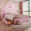 Prinzessinbett mit LED-Beleuchtung, Gästebett und Schubladen, Mädchenbett, Polsterbett für Mädchen, Doppelbett, Kunstleder, 140x200cm Bild 3