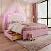 Kinder Prinzessinnenbett Rosa 140x200 cm mit LED Beleuchtung und Ausziehbett Kronenkopfteil Kunstleder Mädchenbett 2 Schubladen Bild 2